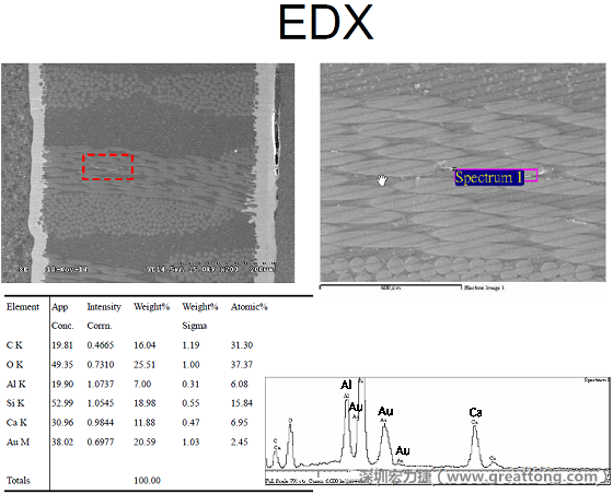 ACF(Conductive Anodic Filament，導墊性細絲物，陽極性玻璃纖維絲漏電現象)。用EDX打出來Au(金)的元素介于通孔與盲孔之間第一個位置。