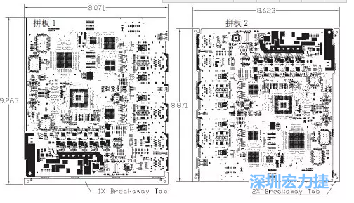 如圖7所示是使用不同數量邊條的拼板，拼板1僅使用了一個邊條，直接利用PCB另一邊作為SMT工藝傳送邊，并且PCB圖形中有合適的安裝孔；而拼板2則是按常規設計了兩個邊條。拼板方式為連接筋。圖中“Breakaway Tab”指邊條-深圳宏力捷