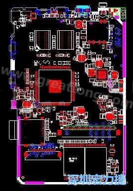 上圖是一個開發板的PCB，從布局中可以看出各個接口電路分離很明確，SDRAM和DDR以及SD卡接口電路等走線不會造成相互的干擾。-深圳宏力捷