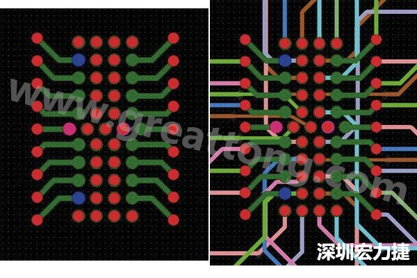 圖7：焊盤內過孔用于內部，而外部接腳在0.5mm閘格上扇出。圖7a顯示的是頂層(左)；圖7b顯示頂層和內部布線層(右)。