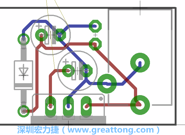 接地連結點的布線情形如下圖所示，利用這個練習來避免電路連線銳角化的產生是一個不錯的選擇，你可以在工具列中的彎曲線路（Wire Bend）選項里改變各種布線的變化。