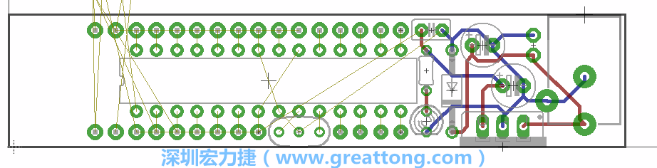 將ATmega微控制器、三個GPIO排針（JP2, JP3, JP4）和諧振器（resonator）排置如上圖所示。